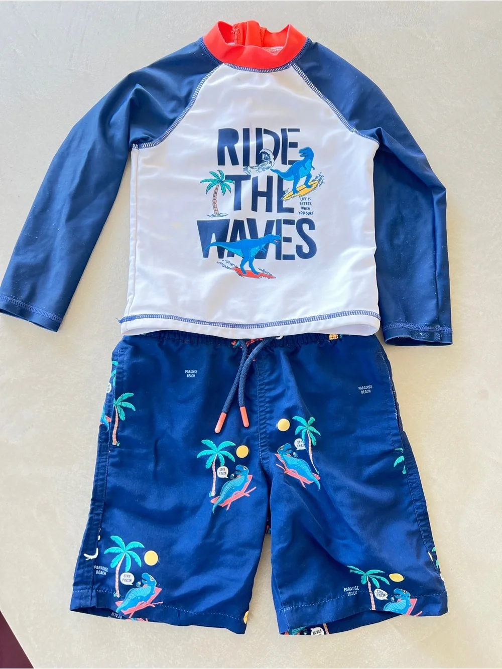 Toddler Kids Rashguard & Shorts Set  'Ride‎ The Waves' Navy & White 3T